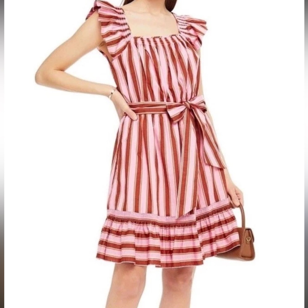 NWOT Kate spade Pink Striped Flutter Sleeve Belted Dress size Large